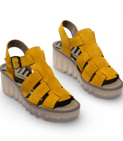 Fly London Women's BAIC621FLY Yellow Suede Leather Wedge Sandals