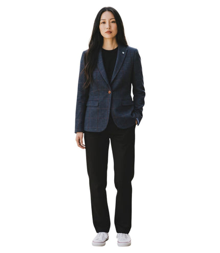 Women's Navy Tweed Blazer Tailored Formal Jacket - Madrid