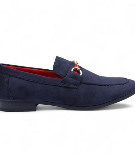 Men's Navy Suede Loafers with Gold Buckle Slip-On Dress Shoes