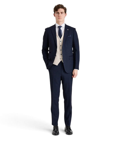 Men's Check Navy Blazer Cream Waistcoat Wedding 3 Piece Suit - Regent