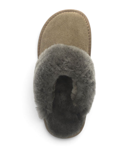 Women's Genuine Sheepskin Olive Green Suede Mule Winter Slippers - Luna