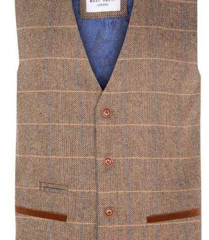 Marc Darcy Mens Tan Brown Tweed Waistcoat Peaky Blinders Check Wool Herringbone