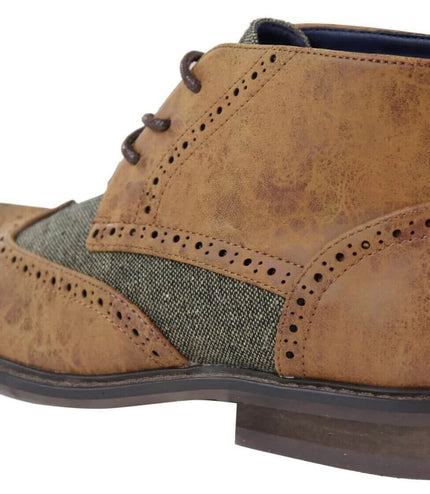Mens Classic Tweed Oxford Brogue Ankle Boots In Tan Leather