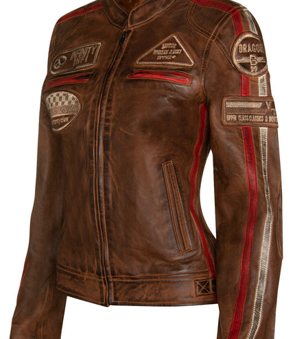 Womens Biker Racing Badges Leather Jacket-Eastleigh - Tan