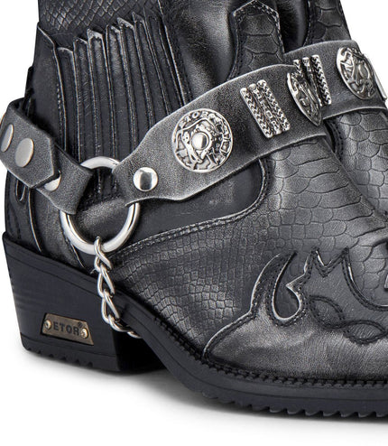 Mens Grey Snakeskin Winklepicker Cowboy Leather Ankle Boots