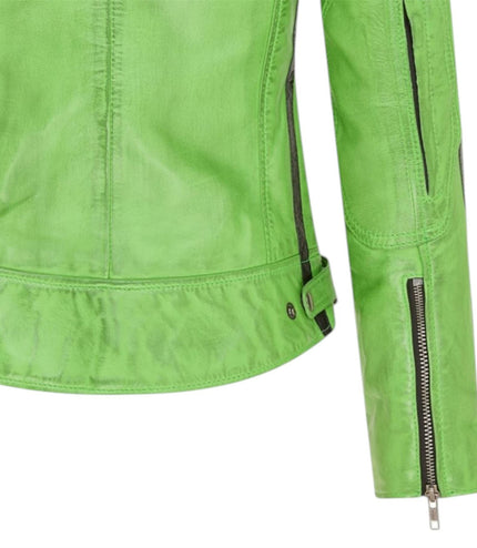 Womens Biker Racing Badges Green Leather Jacket-Eastleigh