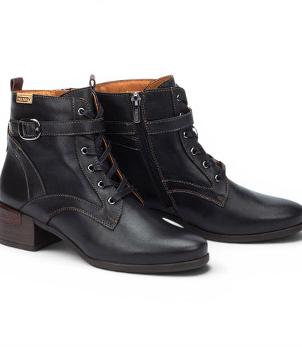 Pikolinos Women's Black Leather Lace-Up Mid-Heel Ankle Boots - Malaga