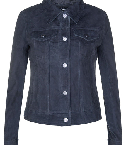 Womens Goat Suede Trucker Jeans Jacket-Astoria - Navy