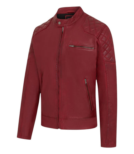 Mens Red Leather Quilted Shoulder Biker Jacket - Rock