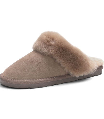 Women's Genuine Sheepskin Taupe Suede Mule Winter Slippers - Luna