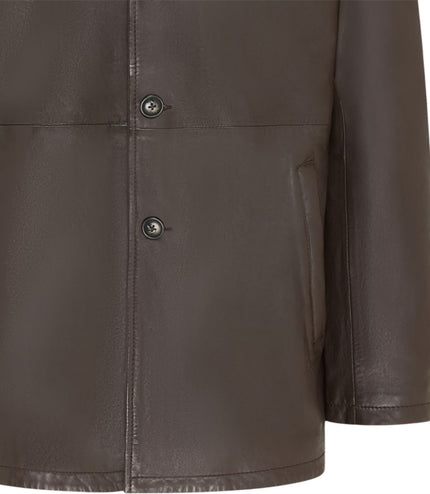 Men's Brown Leather Long Collared Car Coat Jacket - Berry
