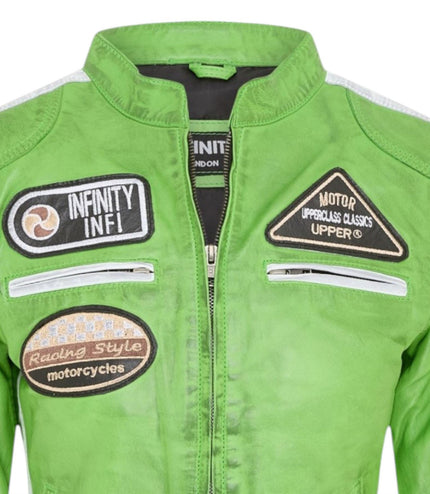Womens Biker Racing Badges Green Leather Jacket-Eastleigh