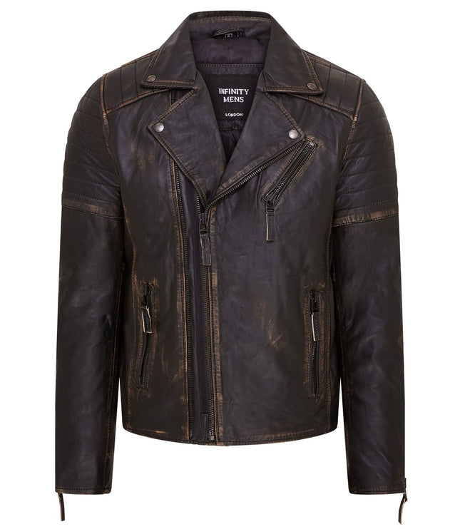 Mens Slim Fit Brando Style Double Cross Zip 100% Leather Biker Jacket - Vintage Black