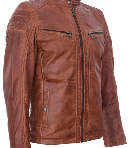 Mens Leather Jacket Vintage Quilted Retro Racing Zipped Biker - San Marino - Tan