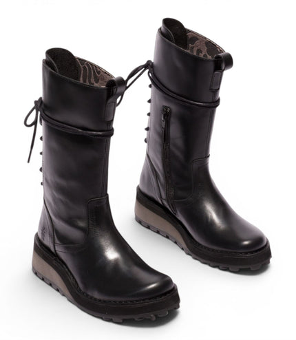 Fly London Women’s Black Leather Mid-Calf Long Boots - HEIG229