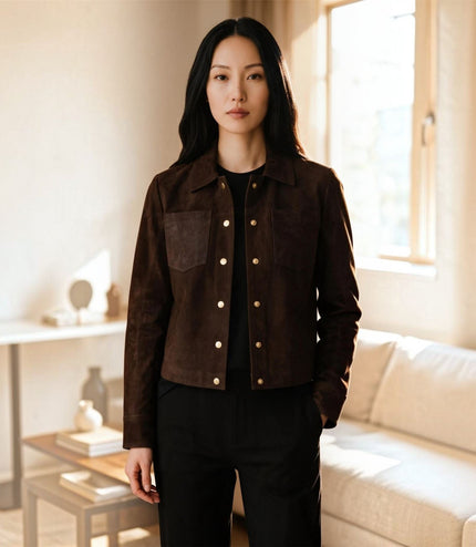 Womens Brown Leather Shacket Collar Jacket - Lofar