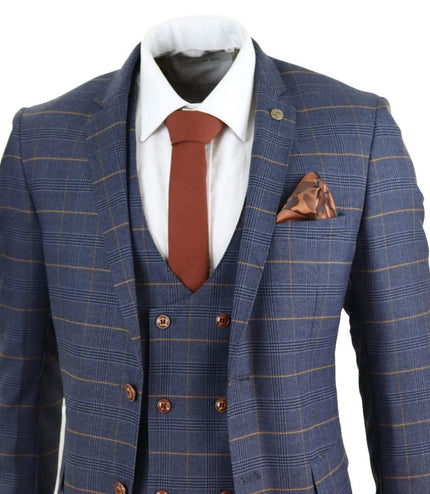 Mens 3 Piece Navy Blue Retro Check Vintage Classic Suit