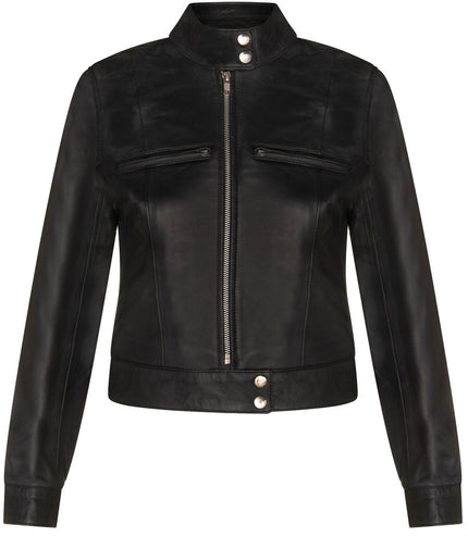 Womens Plain Leather Moto Biker Jacket-Braga - Black
