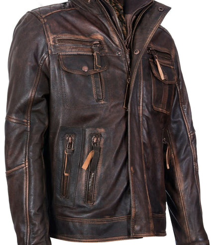Men's Leather Retro Biker Jacket-Toronto - Brown