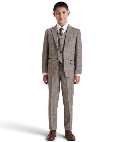 Boys Brown Tailored Fit Tweed 3 Piece Formal Suit - Harris
