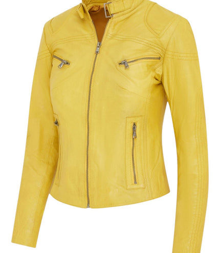 Womens Slim-Fit Leather Biker Jacket-Maldon - Yellow