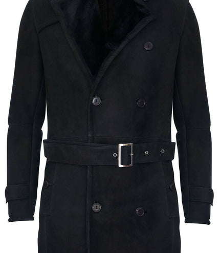 Mens Shearling Sheepskin Suede Pea Coat-Cali - Black