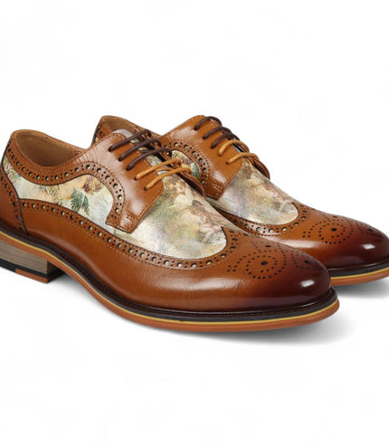 Justin Reess Men's Brown Leather Iconic Print Brogue Dress Shoes - Scott