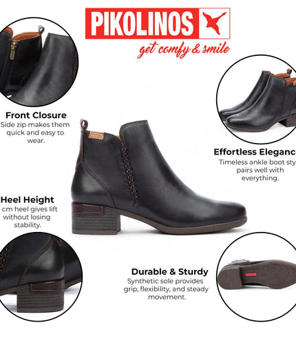 Pikolinos Women's Black Leather Zip Heel Ankle Boots - Malaga