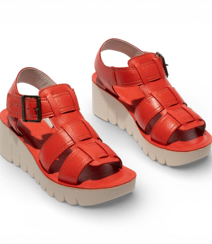 Fly London Women's YUDD236FLY Devil Red Leather Wedge Sandals