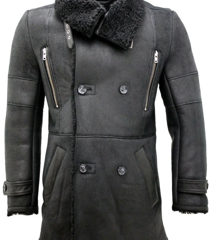 Mens Double Breasted Sheepskin Reefer Coat-Candon