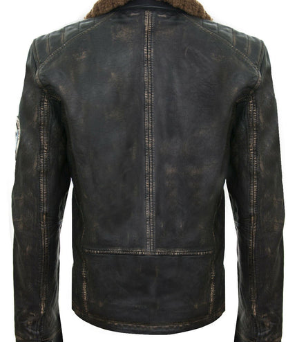Mens Badged Vintage Black Leather Bomber Jacket-Tunis