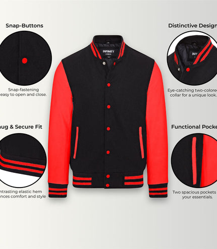Letterman Baseball Wool Leather Varsity Bomber Jacket - Genoa - Black/Red