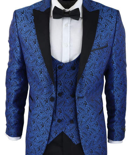 Mens Blue Tuxedo Blazer Waistcoat Brocade Black Satin Paisley Dinner Jacket