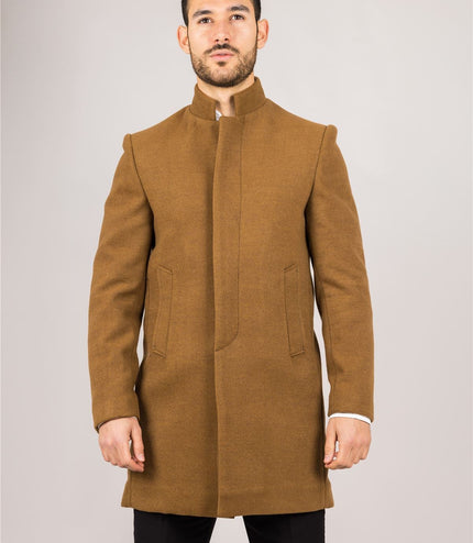 Men's Tan Stand Collar Wool Blend Overcoat