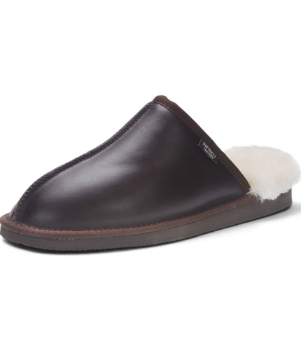 Men's Brown Genuine Lamb Leather Slippers Real Fur Mule Winter Slippers - Highland