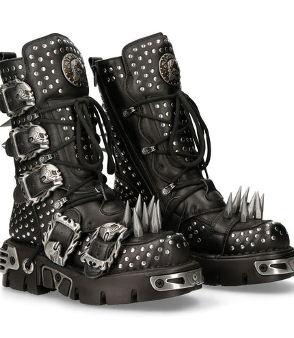 New Rock Black Leather Studded Gothic Boots - 1535-S1