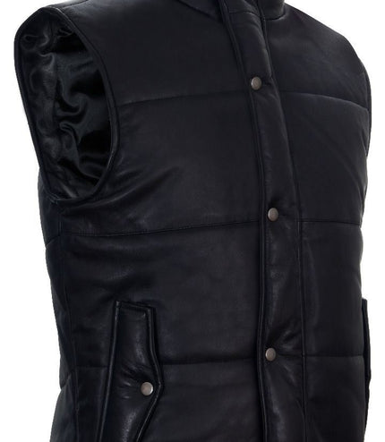 Mens Classic Leather Puffer Waistcoat-Nottingham - Black