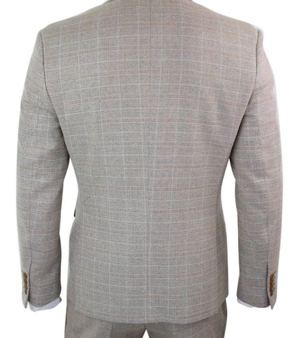 Mens 3 Piece Beige Tweed Check Vintage Retro Suit