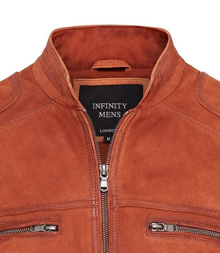 Mens Buff Leather CafÃ© Racer Biker Jacket - Jinan - Tan