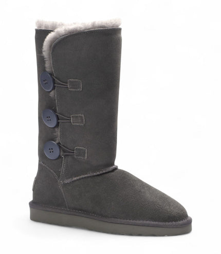 Women's Sheepskin Suede Grey Button Warm Winter Calf Boots - Willow