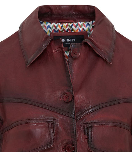 Womens Vintage Classic Lamb Leather Collared Biker Jacket - Ox Red