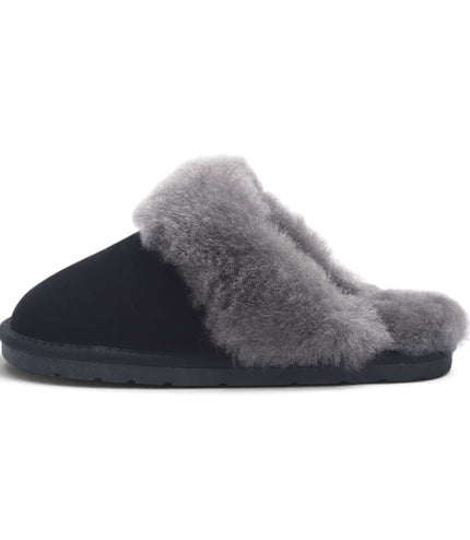 Women's Genuine Sheepskin Black Suede Mule Winter Slippers - Luna