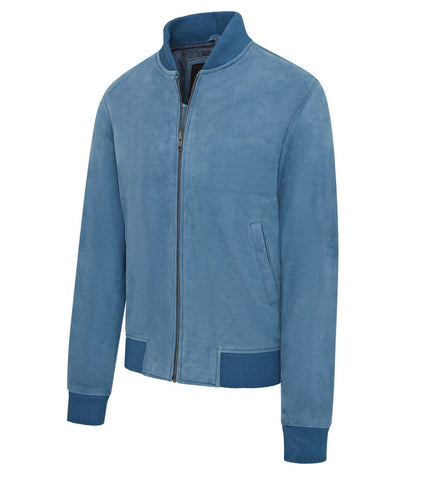 Mens Soft Goat Suede MA-1 Varsity Bomber Jacket  - Dalian - Blue