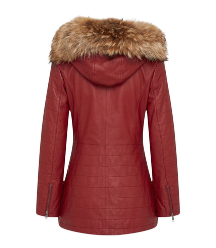 Womens Red Slim Fit Leather Hooded Parka Jacket-Northam