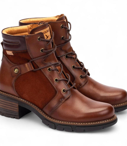 Pikolinos Women's Cuero Brown Leather Zip & Lace Up Heel Ankle Boots - San Sebastia