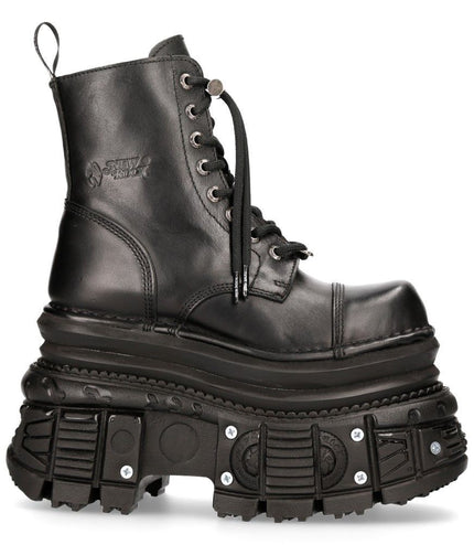 New Rock Metallic Black Leather Military Boots - M-MILI083CCT