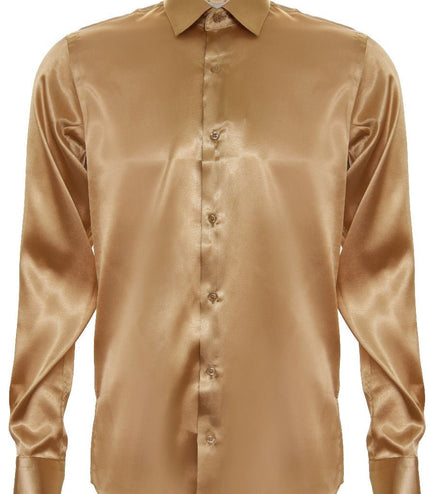Mens Gold Satin Silk Shirt Smart Casual Button Down Cuff Tailored Fit