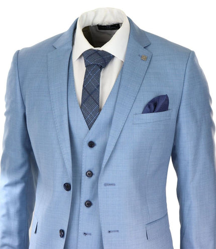Mens 3 Piece Light Blue Classic Stitch Retro Suit