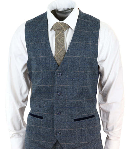 Mens 3 Piece Blue Tweed Check Vintage Suit
