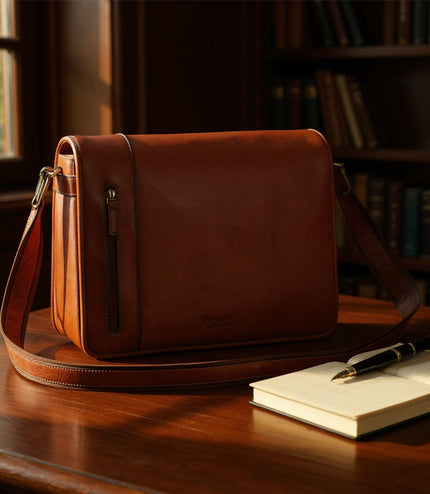 Genuine Leather Tan Laptop Satchel Messenger Shoulder Bag - Astor